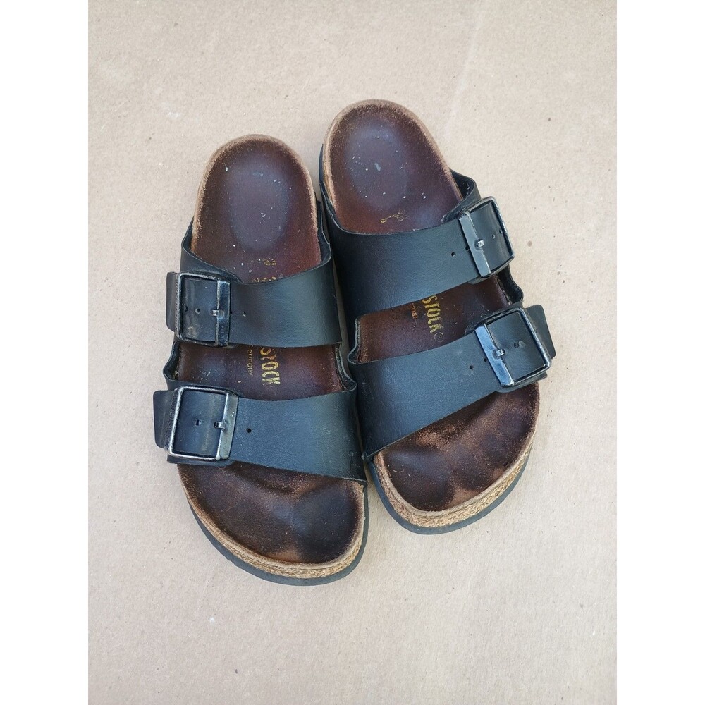 Birkenstock Black Leather Sz 38 Two Strap Buckle Slip On Us 7-7.5 *Read*